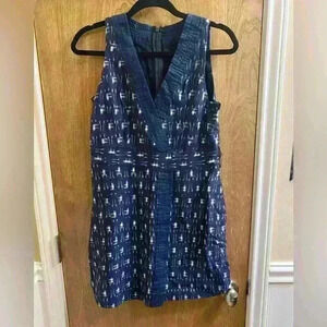 JCREW IKAT NAVY BLUE WHITE FAUX WRAP SLEEVELESS WRAP DRESS 4P NO SASH